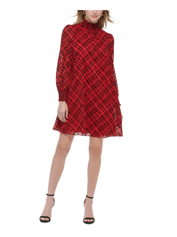 Loyalty Reward TOMMY HILFIGER Womens Red Plaid Long Sleeve Mock Neck Short Trapeze Dress