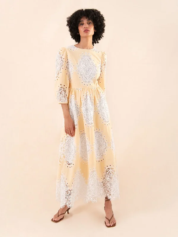 Savings Spectacular Constance Round Neck Lace Midi Dress - Pale Yellow - SALE