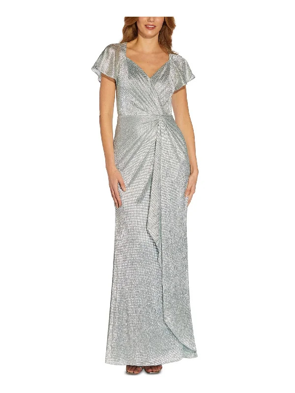 Buy Now ADRIANNA PAPELL Womens Silver Zippered Twist Front Lined Hi Slit Pleated Sheer Flutter Sleeve Sweetheart Neckline Full-Length Formal Gown Dress Buy Now ADRIANNA PAPELL Womens Silver Zippered Twist Front Lined Hi Slit Pleated Sheer Flutter Sleeve Sweetheart Neckline Full-Length Formal Gown Dress