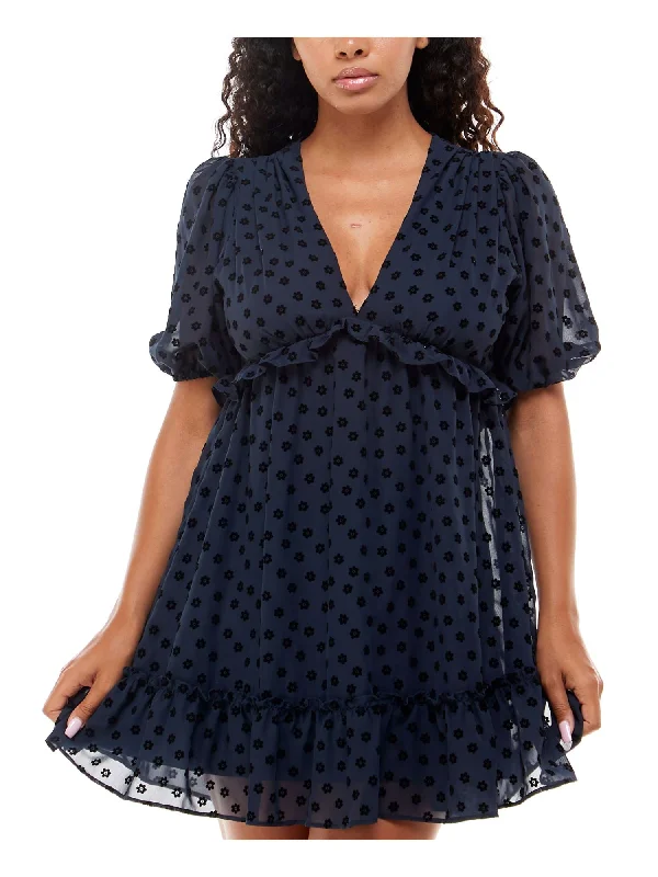 Mega Sale B DARLIN Womens Navy Ruffled Zippered Lined Floral Pouf Sleeve V Neck Mini Party Baby Doll Dress Mega Sale B DARLIN Womens Navy Ruffled Zippered Lined Floral Pouf Sleeve V Neck Mini Party Baby Doll Dress