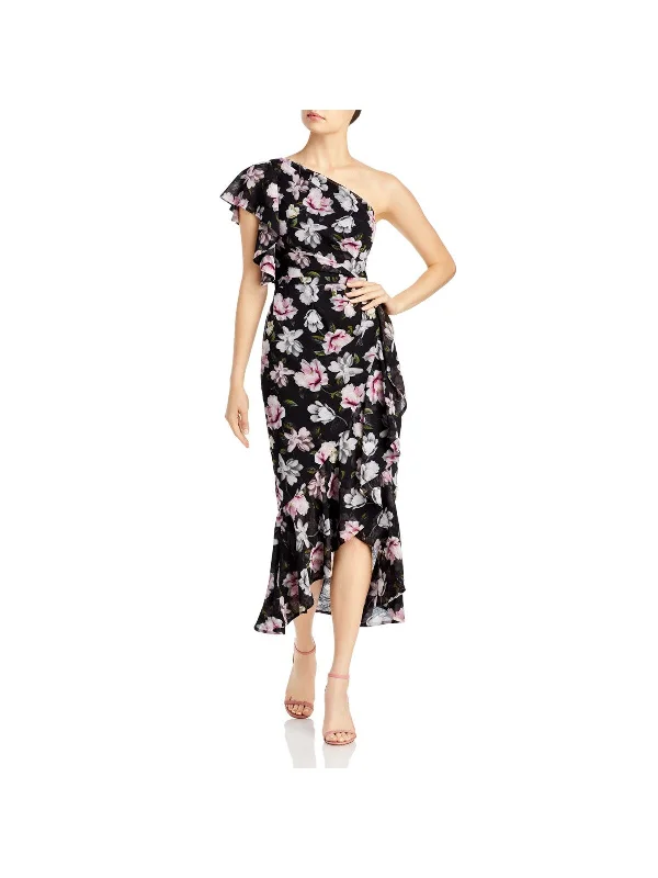 Daily Deals AQUA FORMAL Womens Black Zippered Ruffled Tie Floral Flutter Sleeve Asymmetrical Neckline Midi Evening Faux Wrap Dress Daily Deals AQUA FORMAL Womens Black Zippered Ruffled Tie Floral Flutter Sleeve Asymmetrical Neckline Midi Evening Faux Wrap Dress