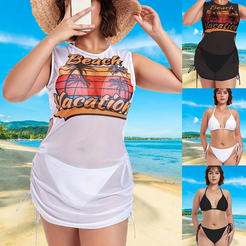 Discount Mania Plus Size Women's Bikini Set With Drawstring Mesh Cover Up Coconut Trees 3-Pieces Triangle Bikini Mesh Swimsuits