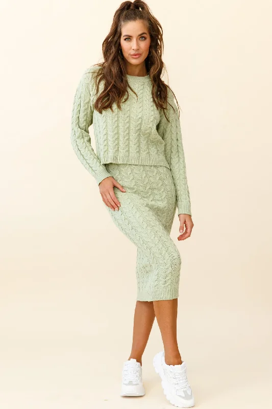 Deep Discounts Cozy Up Cable Knit Midi Skirt Green