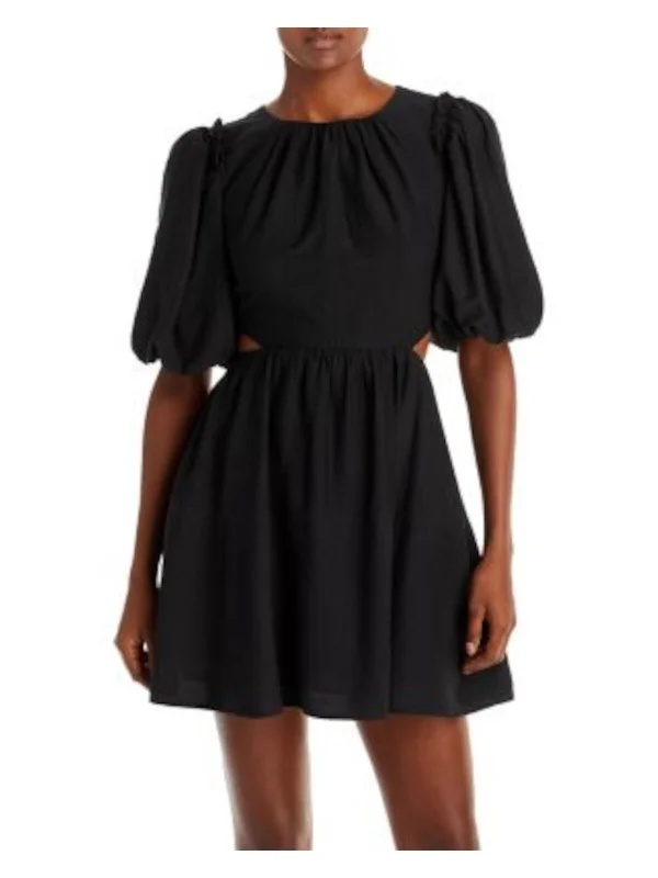 Flash Sale MOON RIVER Womens Black Cut Out Gathered Back Elastic Strap Pouf Sleeve Round Neck Mini Party Fit + Flare Dress
