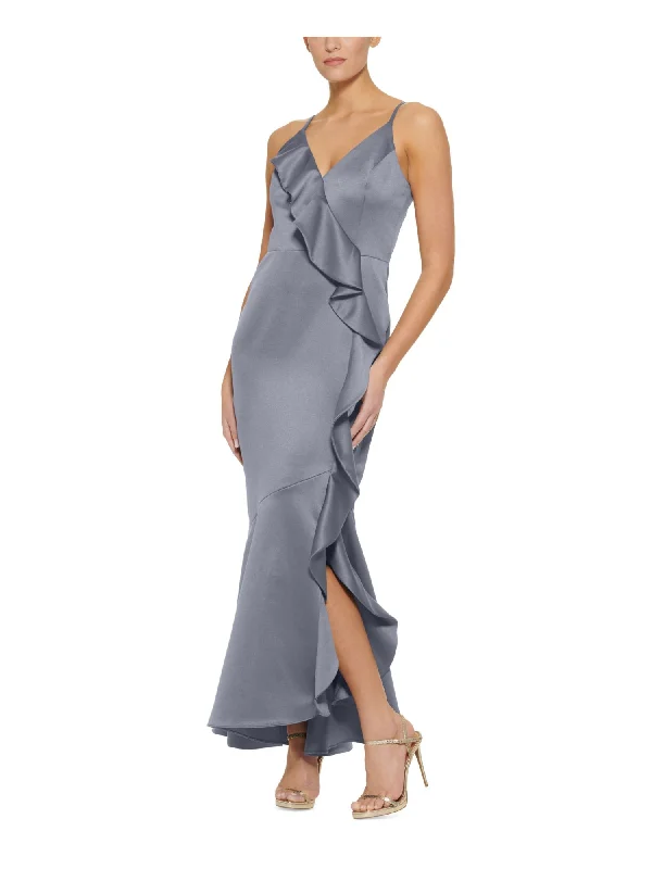 While Supplies Last DKNY Womens Light Blue Adjustable Zippered Ruffled Slitted Flounce Hem Spaghetti Strap V Neck Full-Length Cocktail Mermaid Dress