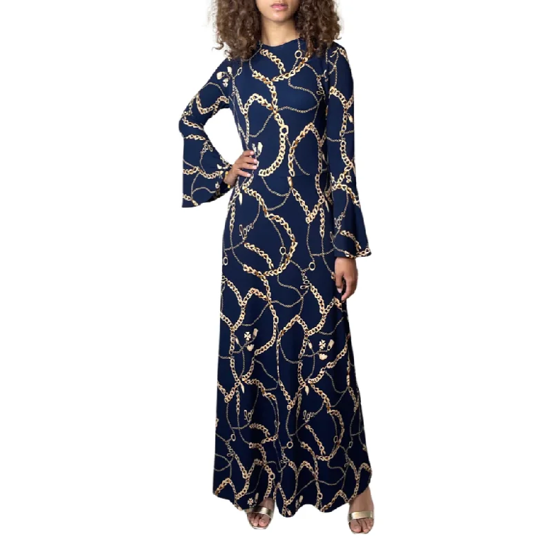 Low Prices 1990'S Original Vintage Navy Gold Chain Bell Sleeved Dress Uk 8 - 12