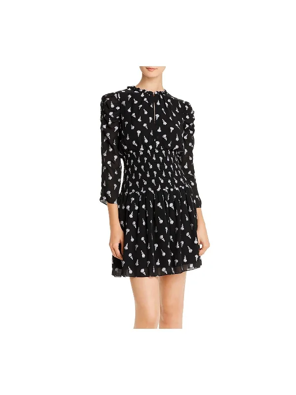 Limited Availability SHOSHANNA Womens Black Smocked Lined Sheer Ruffled Pullover Ruched Floral 3/4 Sleeve Keyhole Short Fit + Flare Dress Limited Availability SHOSHANNA Womens Black Smocked Lined Sheer Ruffled Pullover Ruched Floral 3/4 Sleeve Keyhole Short Fit + Flare Dress